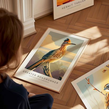Greater Roadrunner Poster | Desert Bird & Cactus Southwest Wall Art — styled in a modern interior