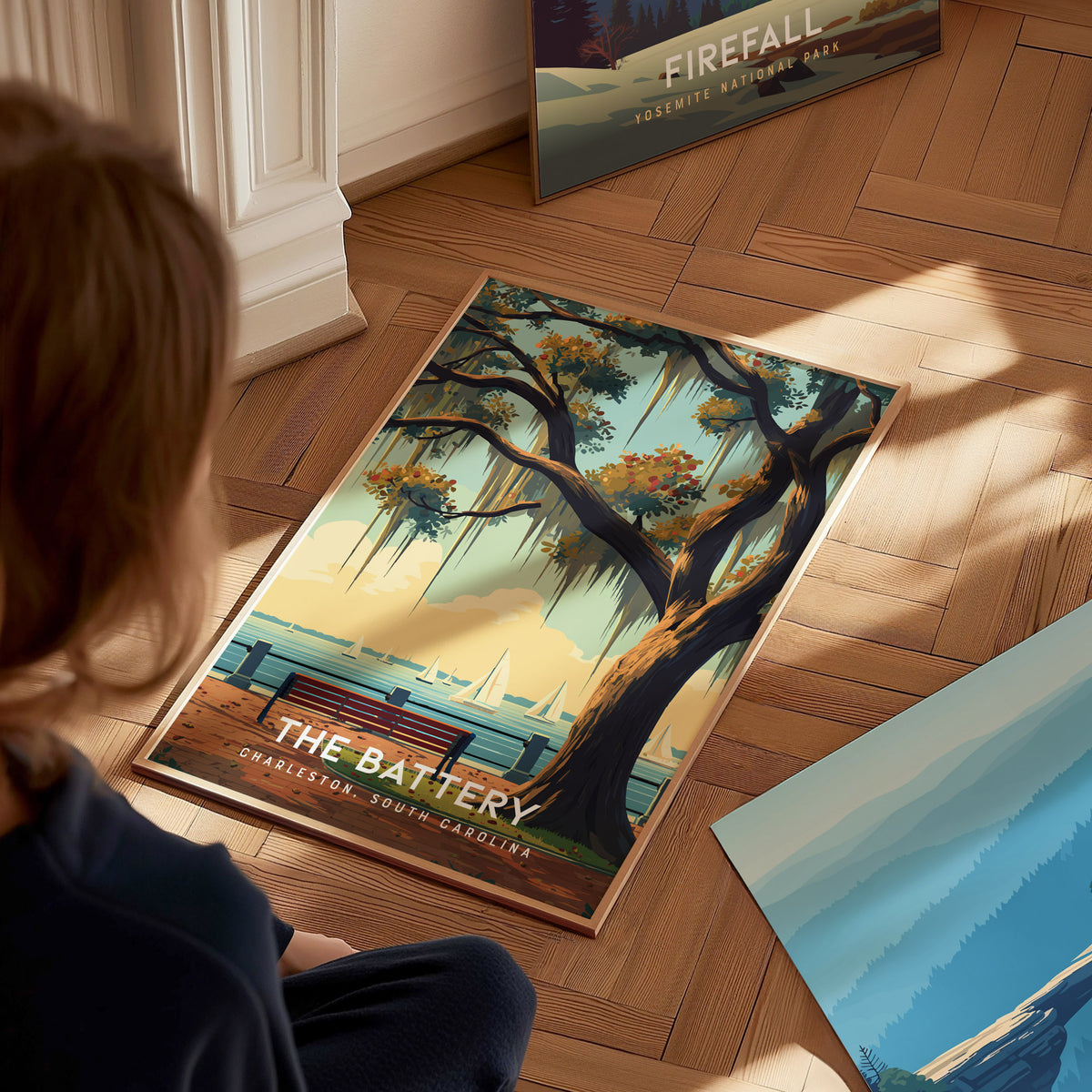 The Battery, Charleston, South Carolina Poster | Historic Waterfront Promenade Travel Wall Art — styled in a modern interior