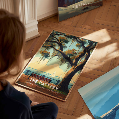 The Battery, Charleston, South Carolina Poster | Historic Waterfront Promenade Travel Wall Art — styled in a modern interior