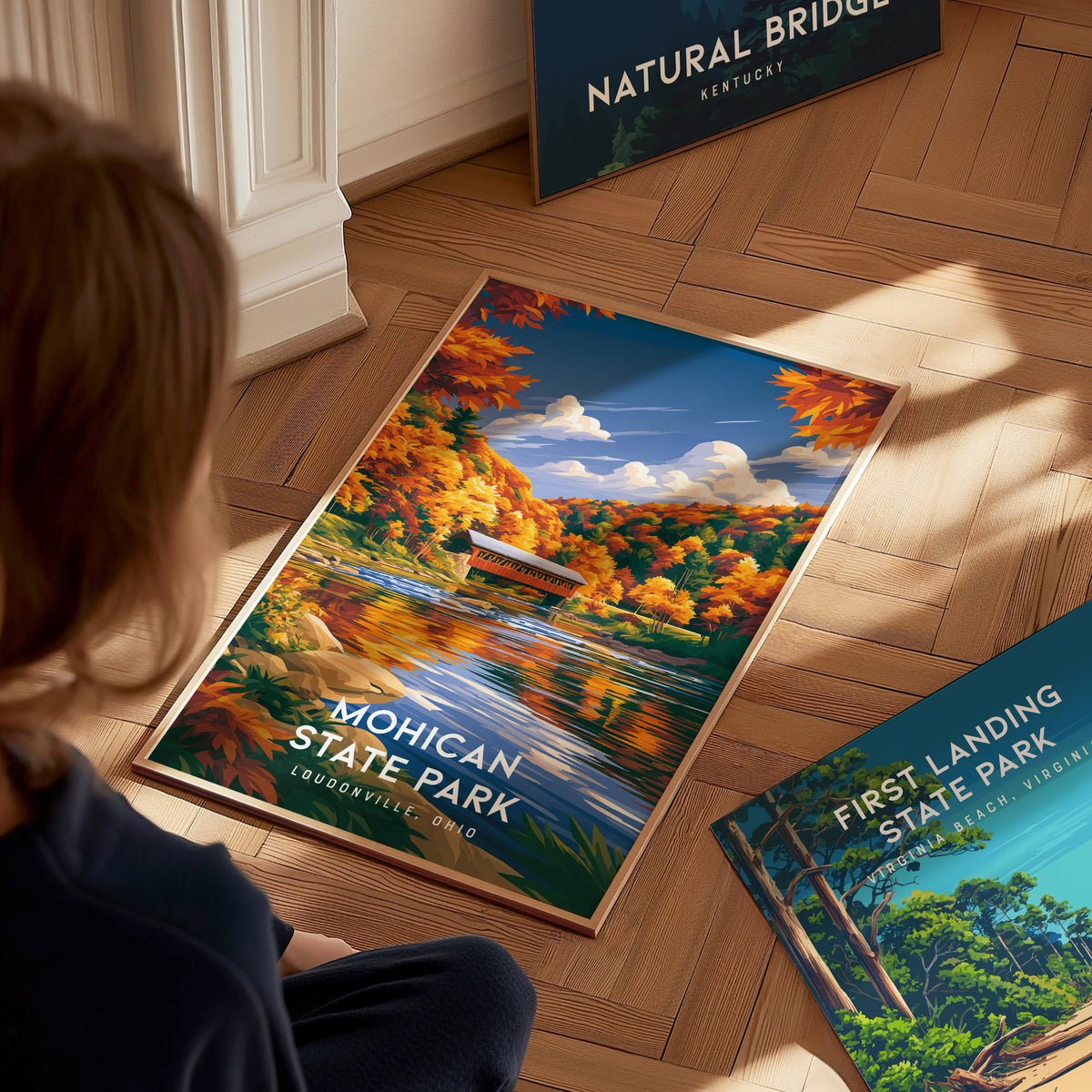 Mohican State Park, Loudonville, Ohio Poster | Wilderness River & Forest Travel Wall Art — styled in a modern interior