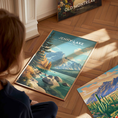 Jenny Lake, Grand Teton National Park, Wyoming Poster | Mountain Reflection Destination Print Wall Art — styled in a modern i