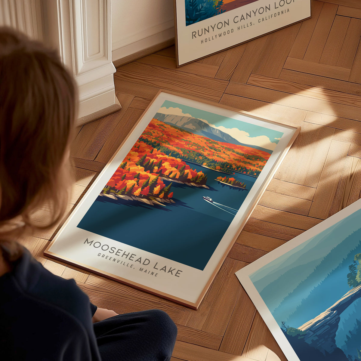 Moosehead Lake Matte Border Poster | Greenville, Maine Destination Print Travel Wall Art — styled in a modern interior