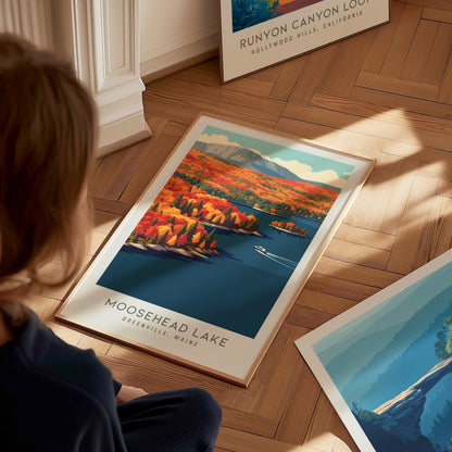 Moosehead Lake Matte Border Poster | Greenville, Maine Destination Print Travel Wall Art — styled in a modern interior