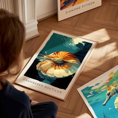 Chambered Nautilus Poster | Golden Spiral Shell Wildlife Wall Art — styled in a modern interior