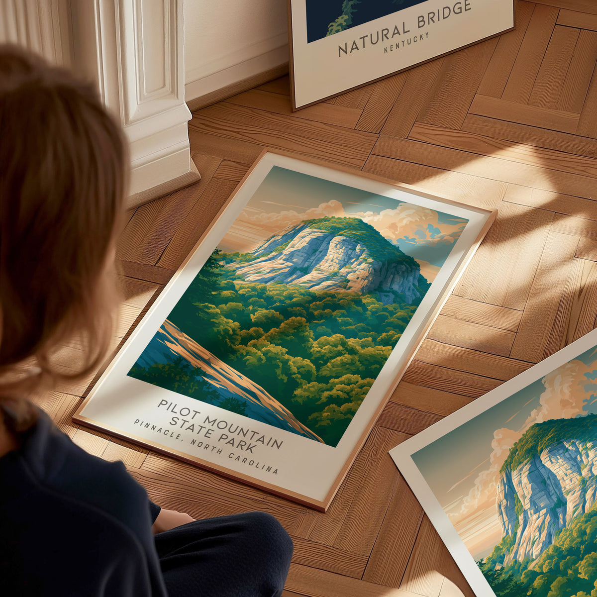 Pilot Mountain State Park Matte Border Poster | Pinnacle, North Carolina Destination Print — styled in a modern interior