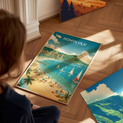 Honolulu Waikiki Poster | Diamond Head Oahu Skyline Wall Art