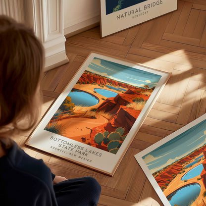 Bottomless Lakes State Park Matte Border Poster | Roswell, New Mexico Travel Wall Art — styled in a modern interior