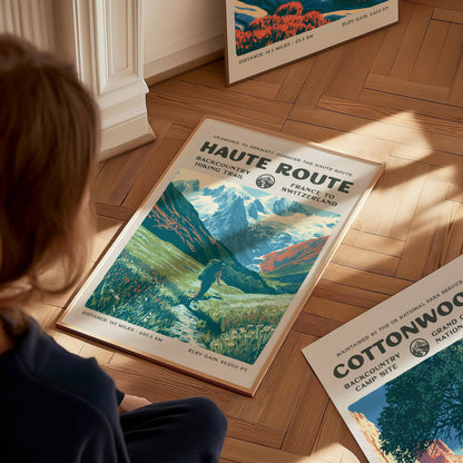 Haute Route, France to Switzerland Poster | Hiker Gift | Alpine Backcountry Trail Wall Art — styled in a modern interior