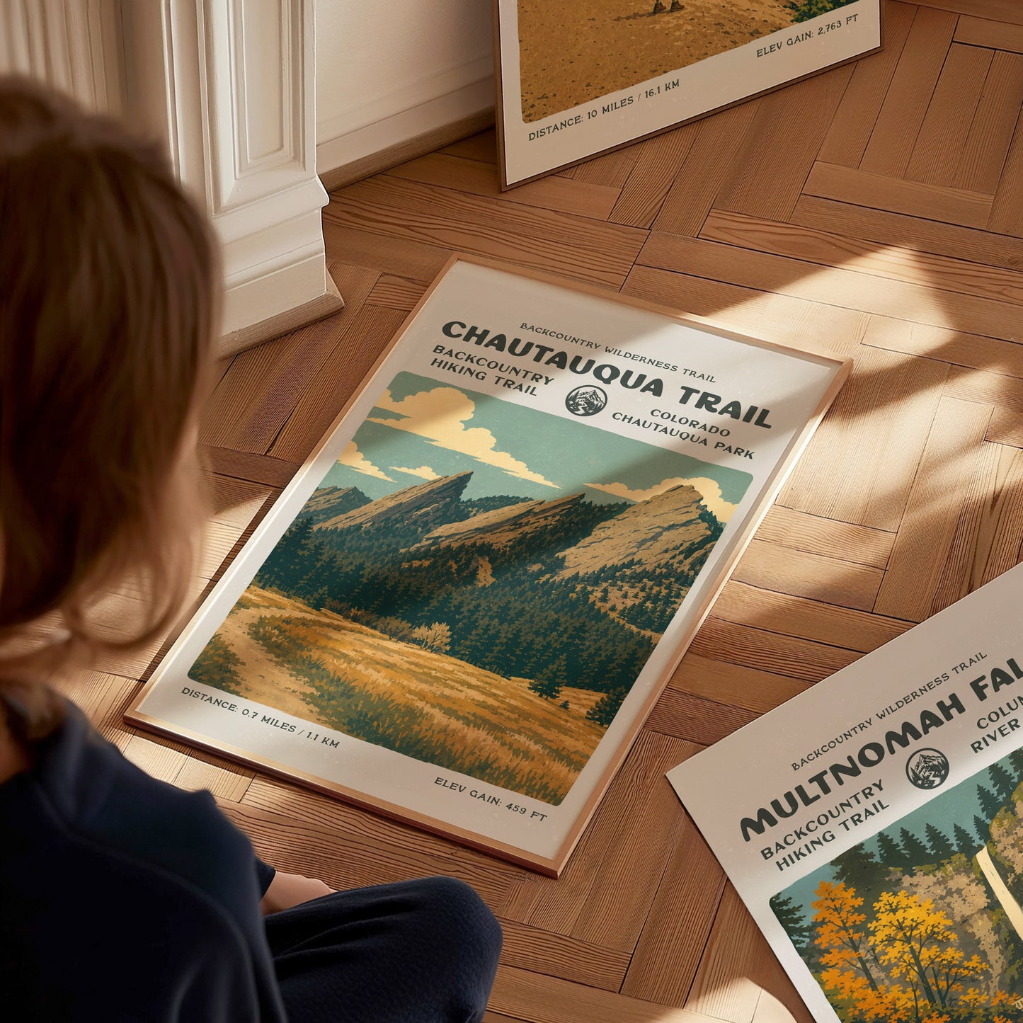 Chautauqua Trail, Boulder Poster | Hiker Gift | Flatirons Backcountry Block Print Wall Art — styled in a modern interior