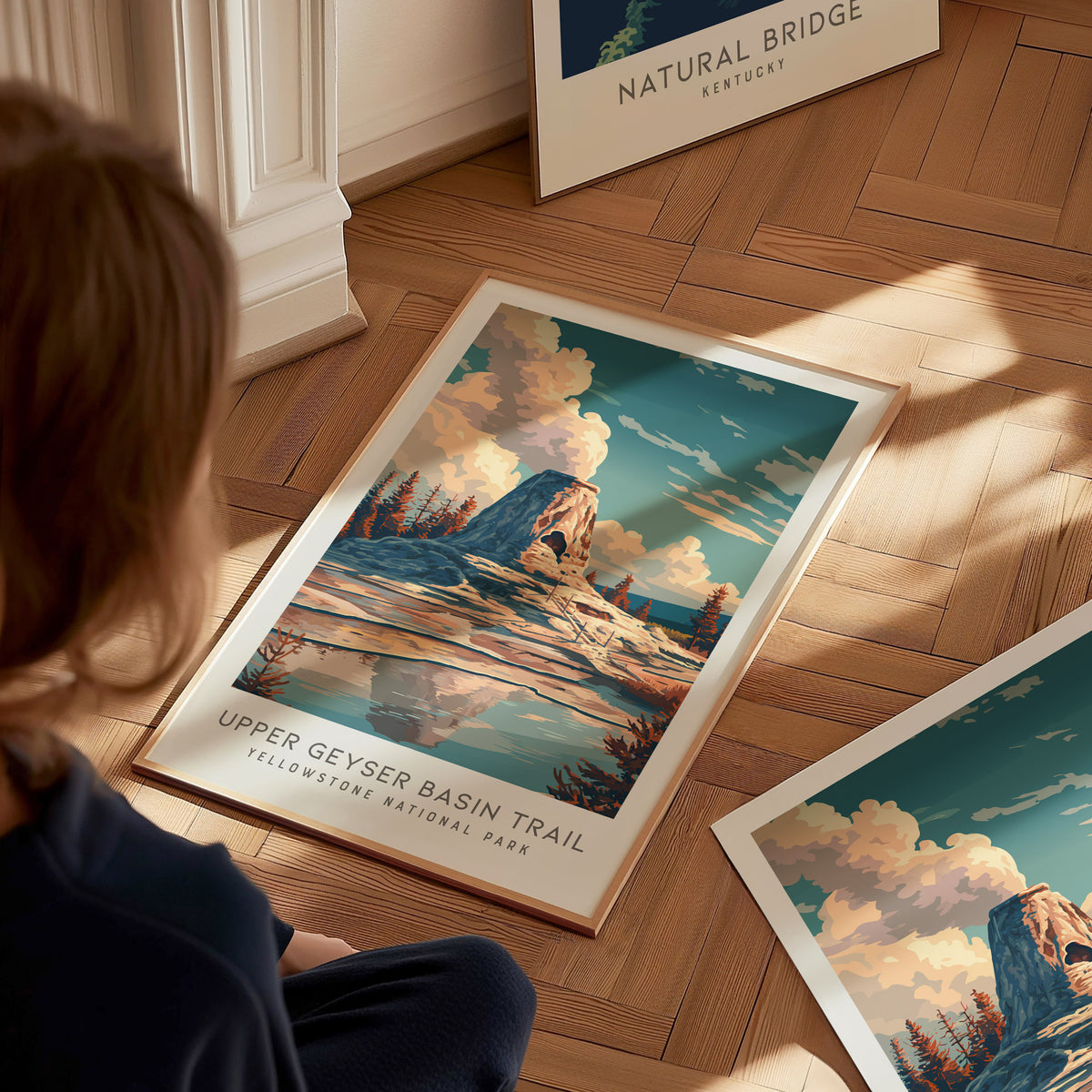 Upper Geyser Basin Trail Matte Border Poster | Yellowstone National Park Destination Print — styled in a modern interior
