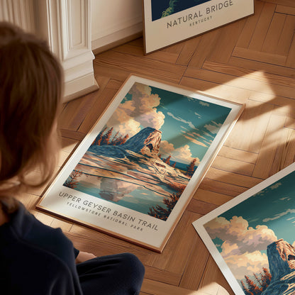 Upper Geyser Basin Trail Matte Border Poster | Yellowstone National Park Destination Print — styled in a modern interior