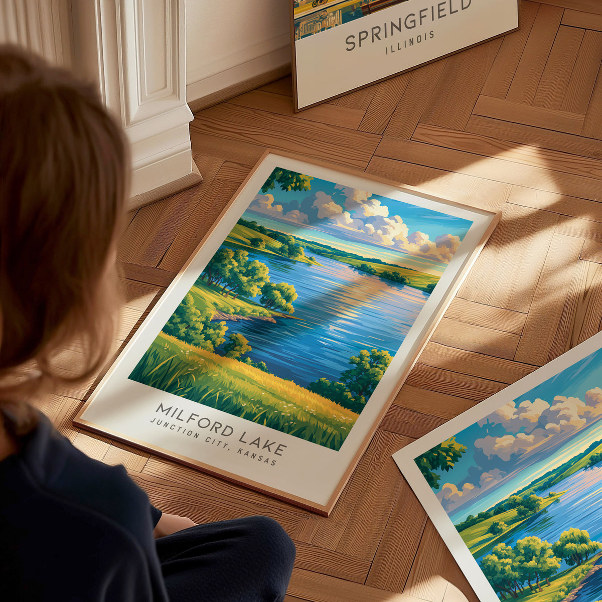 Milford Lake Matte Border Poster | Junction City, Kansas Travel Wall Art — styled in a modern interior