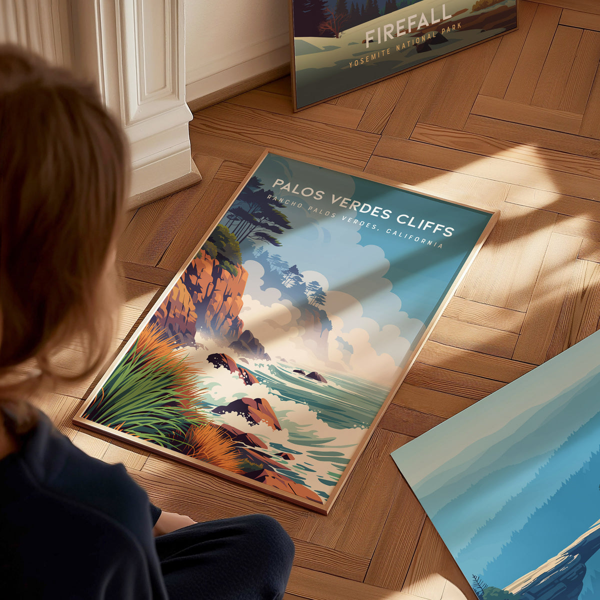 Palos Verdes Cliffs, California Poster | Dramatic Coastal Bluffs Wall Art — styled in a modern interior