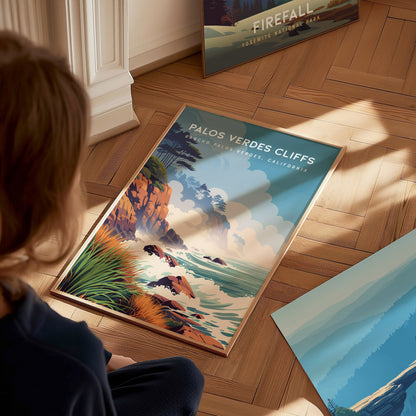 Palos Verdes Cliffs, California Poster | Dramatic Coastal Bluffs Wall Art — styled in a modern interior