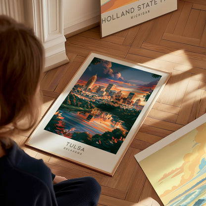Tulsa Matte Border Poster | Oklahoma Destination Print Travel Wall Art — styled in a modern interior
