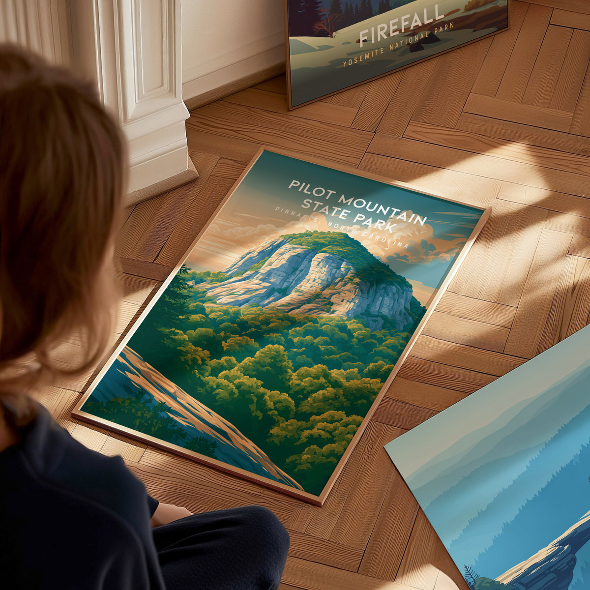 Pilot Mountain State Park, Pinnacle, North Carolina Poster | Rugged Peak & Forest Travel Wall Art — styled in a modern interi