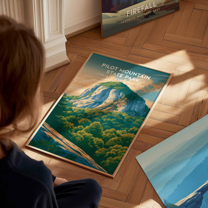 Pilot Mountain State Park, Pinnacle, North Carolina Poster | Rugged Peak & Forest Travel Wall Art — styled in a modern interi