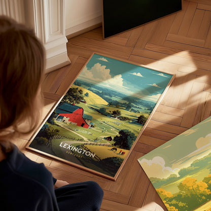 A child sits on a wooden floor, gazing at a colorful poster featuring a scenic landscape of rolling green hills and a red barn. The poster depicts the text LEXINGTON at the top, surrounded by fluffy clouds and a serene countryside setting.