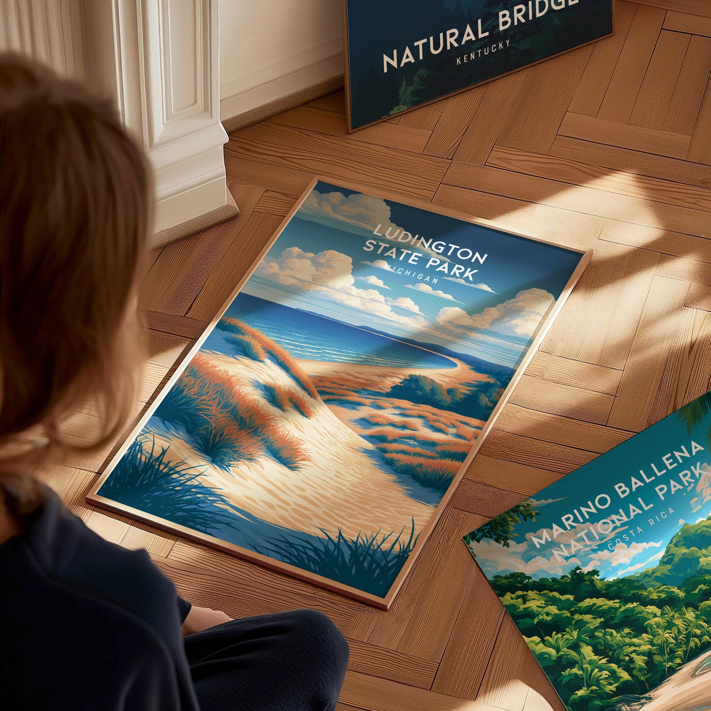 Ludington State Park, Michigan Poster | Dunes & Lighthouse Lakeshore Wall Art — styled in a modern interior
