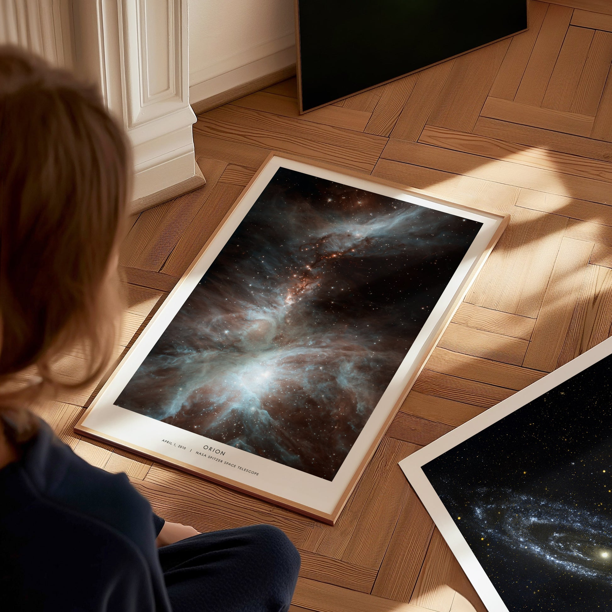 Orion Nebula framed print with detailed NASA Spitzer infrared data showing bright stellar formations.