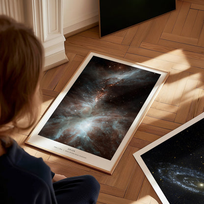 Orion Nebula framed print with detailed NASA Spitzer infrared data showing bright stellar formations.