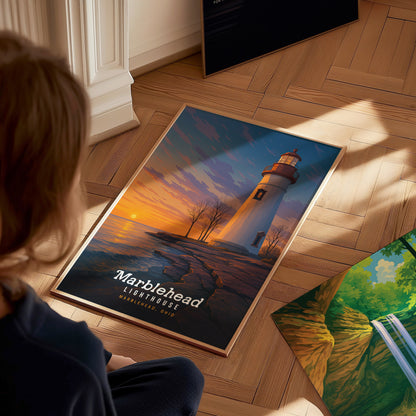 Marblehead Lighthouse, Ohio Poster – Lake Erie Sunset Art, Framed or Unframed, Nautical Wall Decor, Great Midwest Gift, Airbnb Home Decor - Swell Scenes