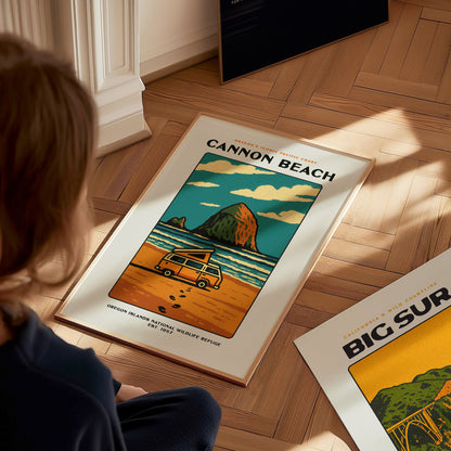 Cannon Beach Oregon Vintage Poster | Haystack Rock Pacific Coast Wall Art
