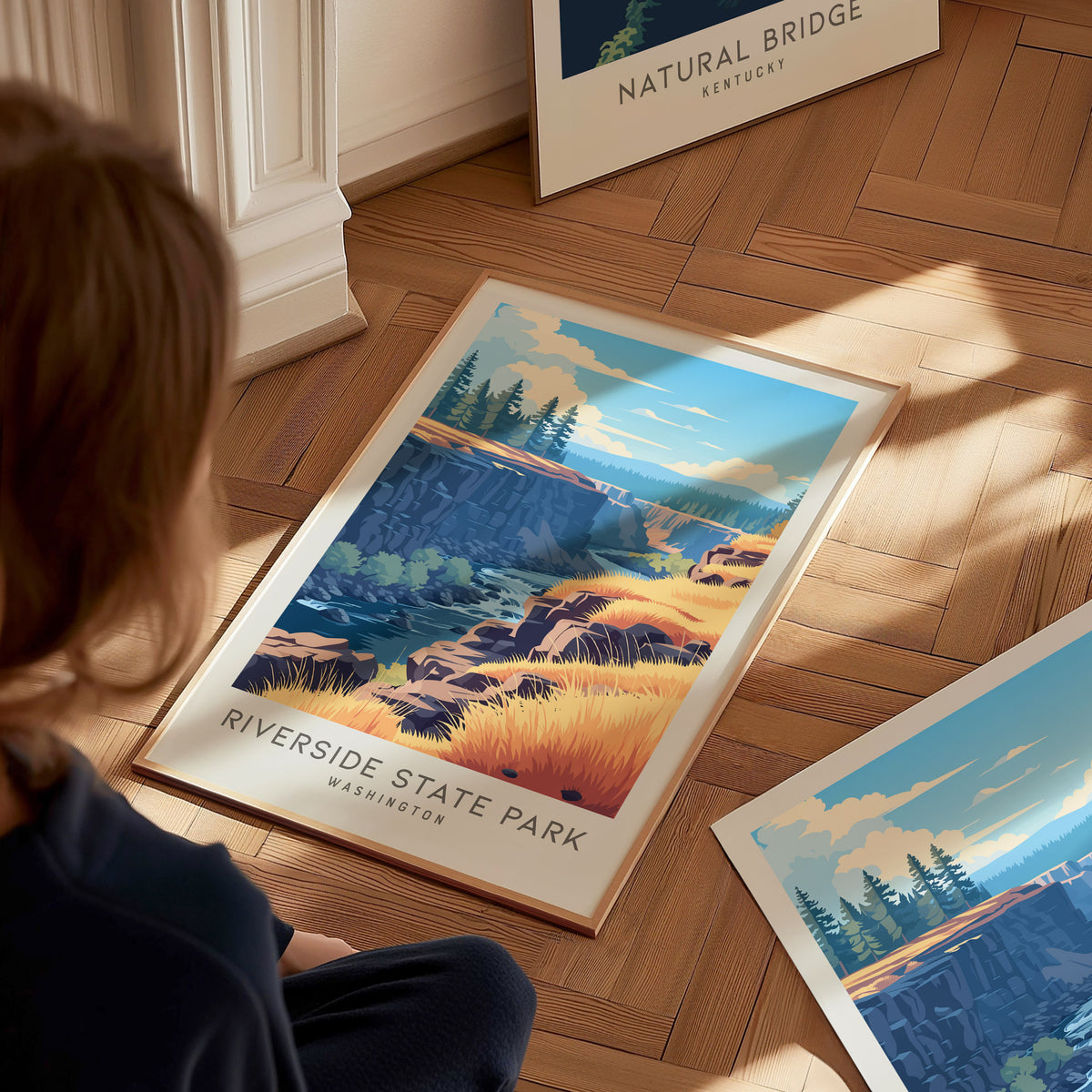 Riverside State Park Matte Border Poster | Washington Travel Wall Art — styled in a modern interior