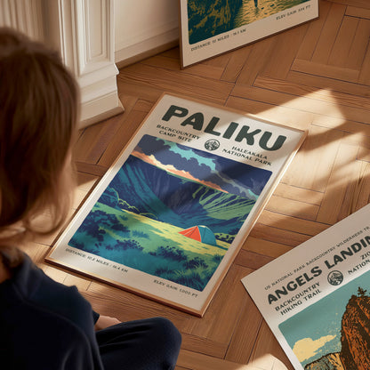 Paliku, Haleakala National Park Poster | Backpacker Gift | Misty Crater Wilderness Wall Art — styled in a modern interior
