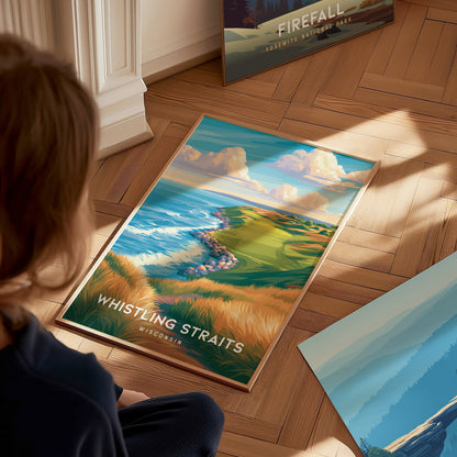Whistling Straits, Wisconsin Poster | Links Golf Course Lakeside Wall Art — styled in a modern interior