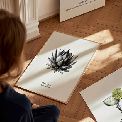 Blue Agave Poster | Vintage Agave Tequilana Botanical Illustration Wall Art — styled in a modern interior