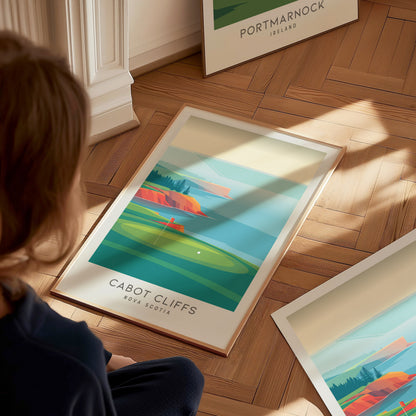 Cabot Cliffs Matte Border Poster | Nova Scotia Golf Wall Art Golfer Gift — styled in a modern interior