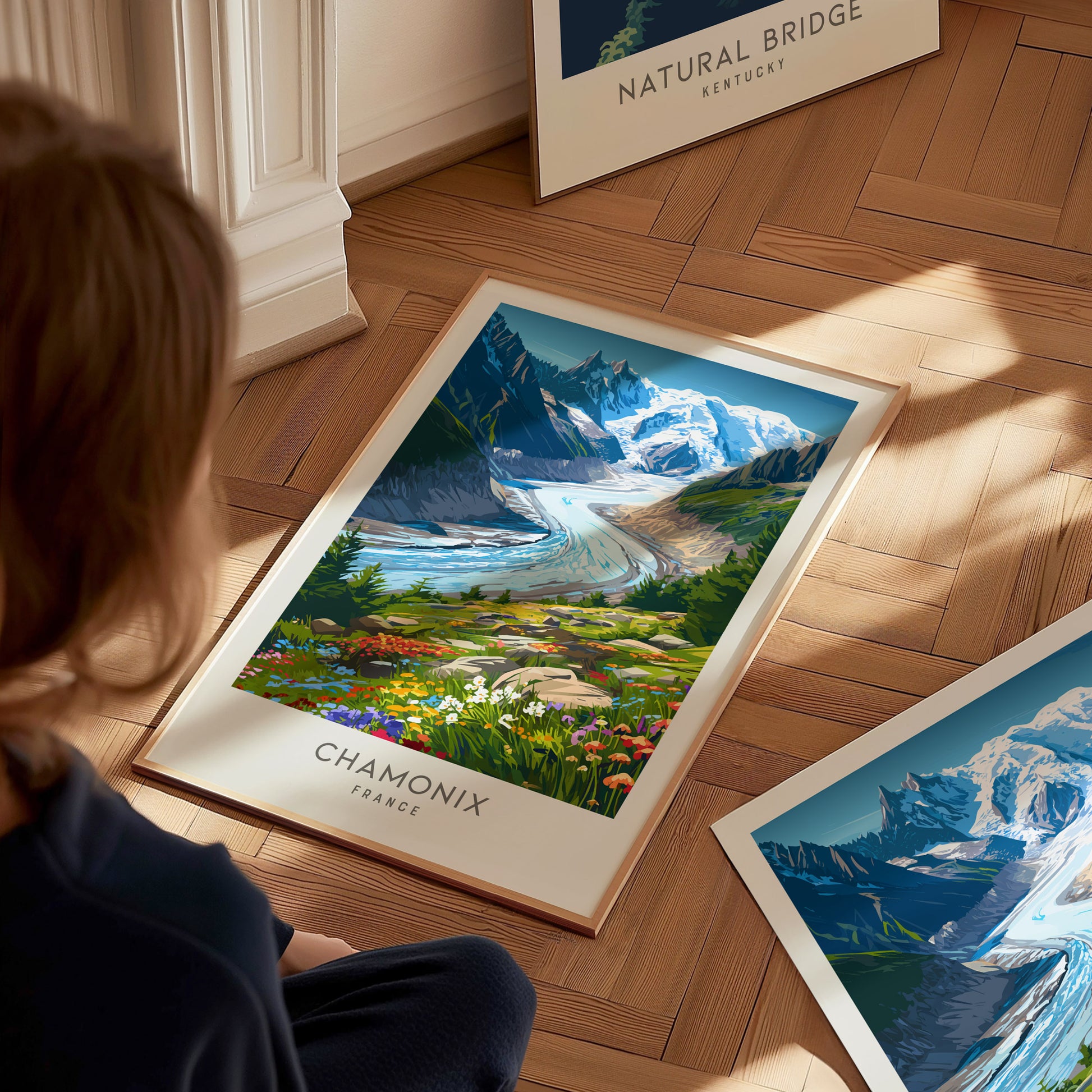Chamonix Matte Border Poster | France Alpine Travel Wall Art — styled in a modern interior