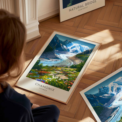 Chamonix Matte Border Poster | France Alpine Travel Wall Art — styled in a modern interior