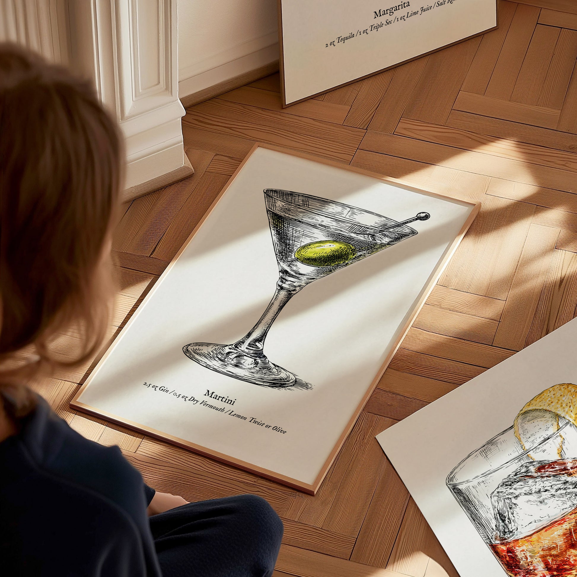 Martini Poster | Vintage Cocktail Scientific Illustration Wall Art — styled in a modern interior
