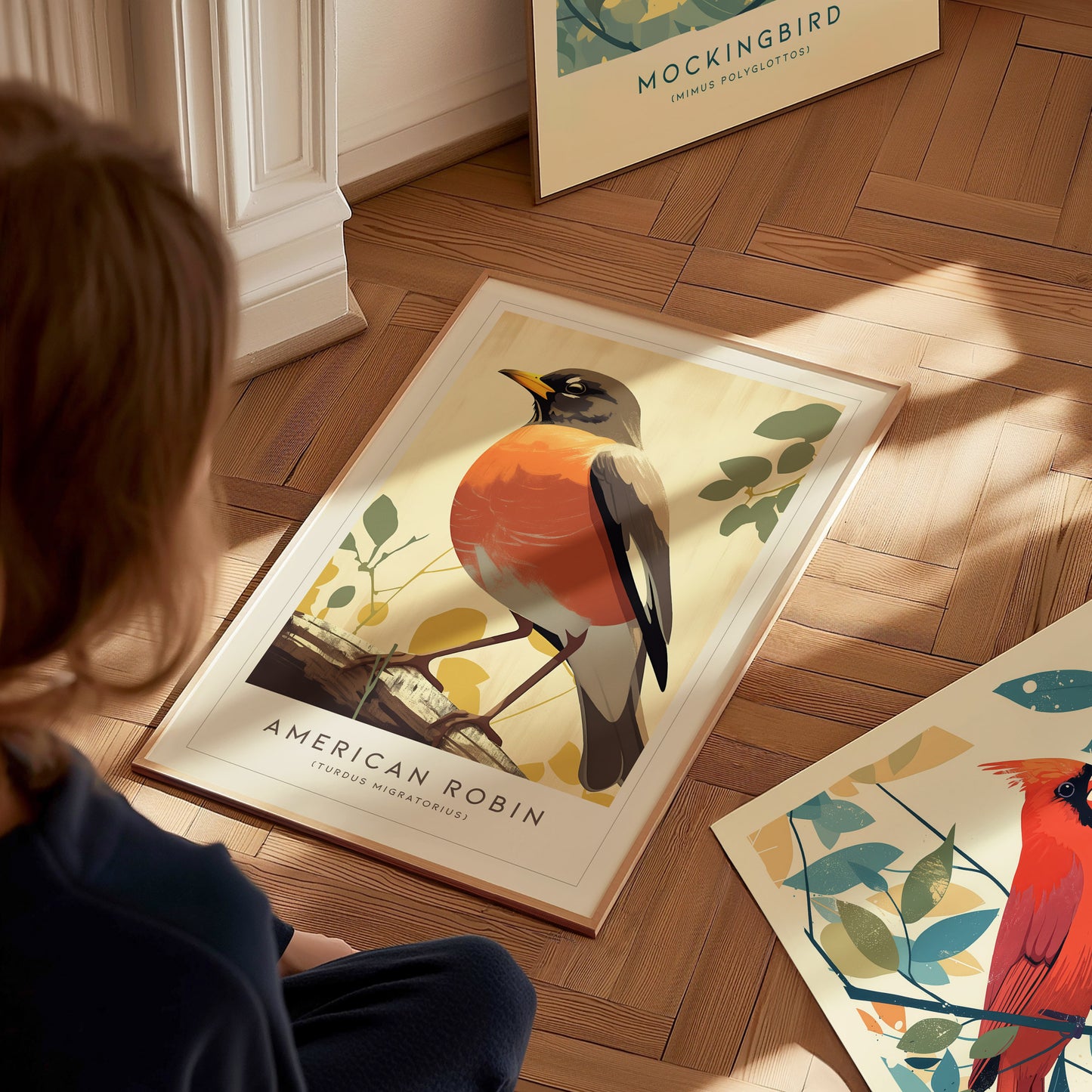 A framed American Robin poster lies on a wooden floor, depicting the bird with a vibrant orange breast. A person is seated nearby, and a Mockingbird poster is partially visible.