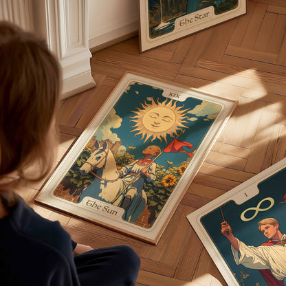 A person views The Sun tarot card poster on a wooden floor, depicting a child on a white horse beneath a smiling sun and surrounded by sunflowers.