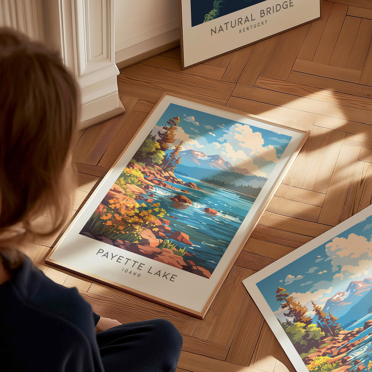 Payette Lake Matte Border Poster | Idaho Travel Wall Art — styled in a modern interior