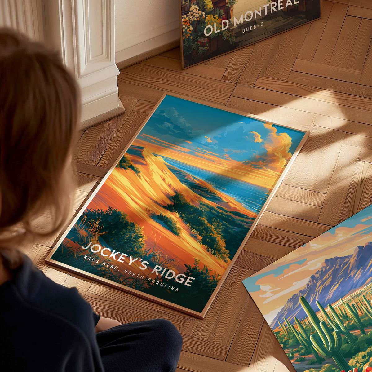 Jockey's Ridge, Nags Head, North Carolina Poster | Sand Dunes & Sunset Travel Wall Art — styled in a modern interior