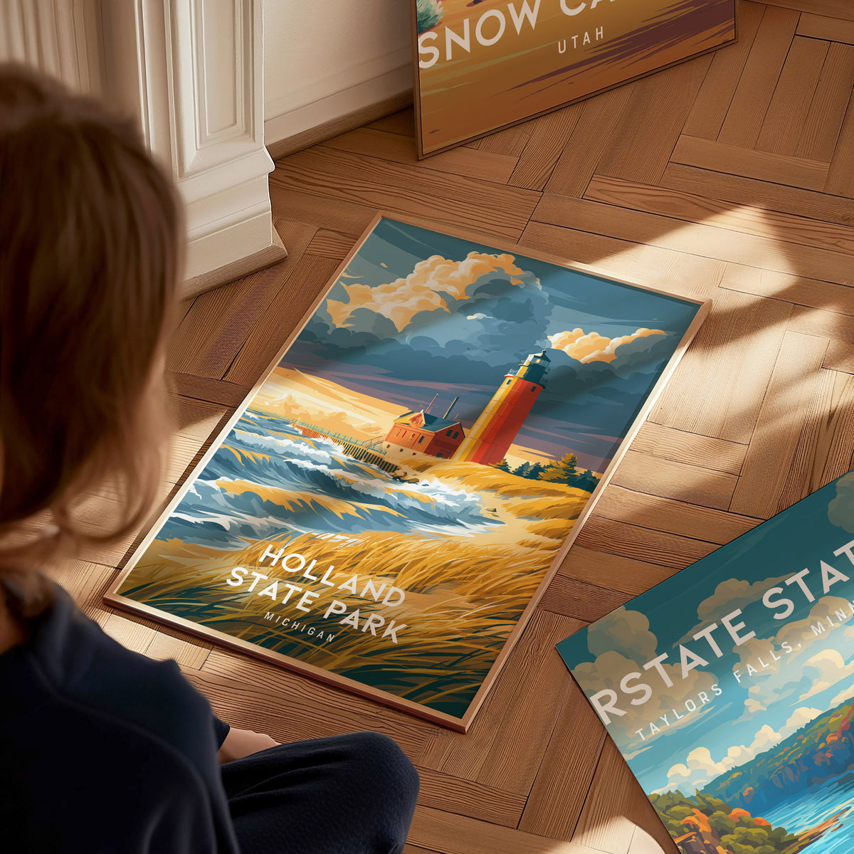Holland State Park, Michigan Poster | Big Red Lighthouse Coastal Beach Decor Wall Art — styled in a modern interior