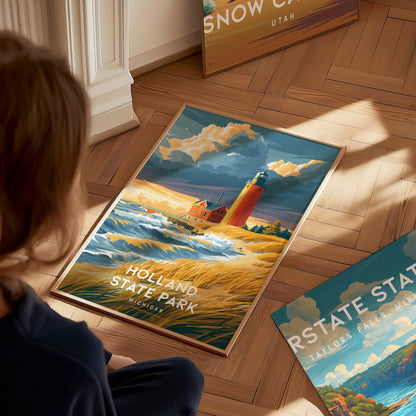 Holland State Park, Michigan Poster | Big Red Lighthouse Coastal Beach Decor Wall Art — styled in a modern interior