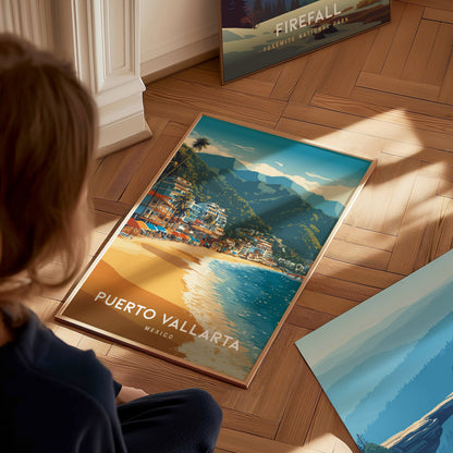 Puerto Vallarta, Mexico Poster | Tropical Beach Print Coastal Wall Art — styled in a modern interior