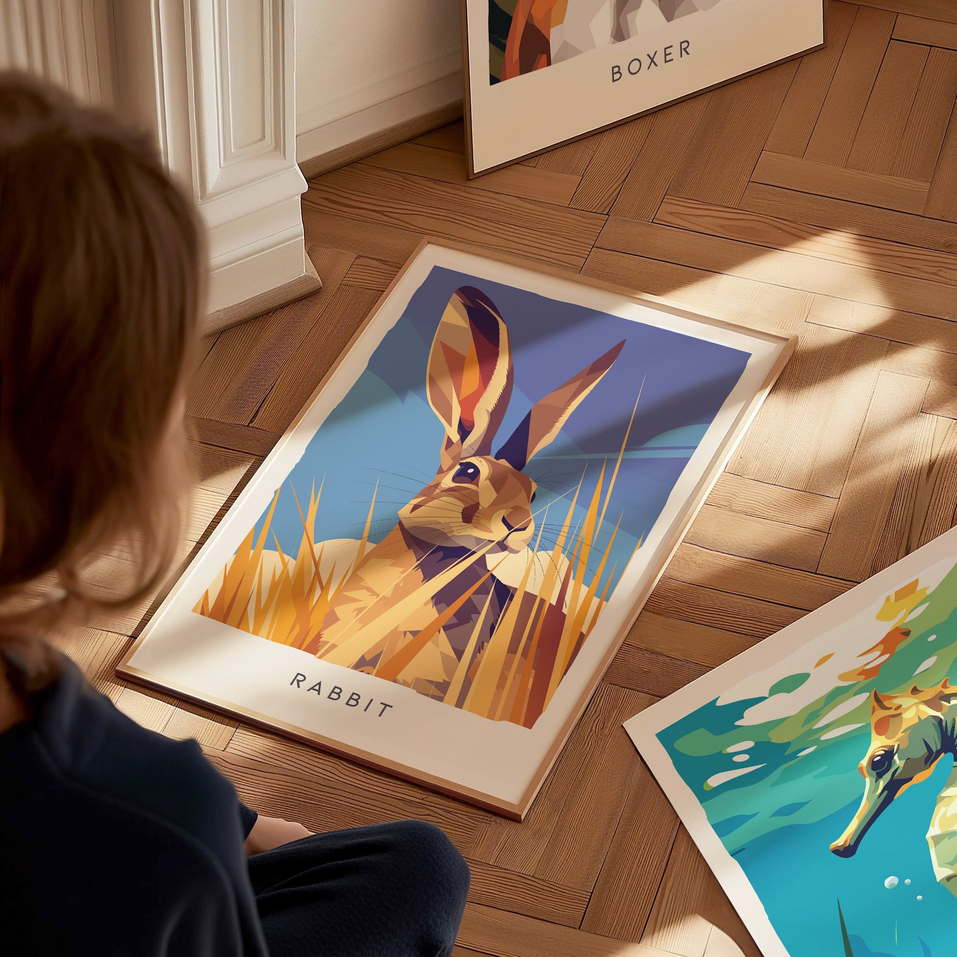 Rabbit, Wildlife Poster | Meadow Wildflower Countryside Wall Art — styled in a modern interior