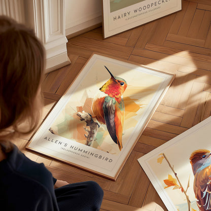 Allen's Hummingbird Poster | Jeweled Garden Pollinator Fine Wall Art — styled in a modern interior
