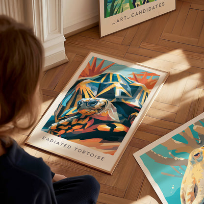 Radiated Tortoise Poster | Exotic Wildlife Portrait Fine Wall Art — styled in a modern interior