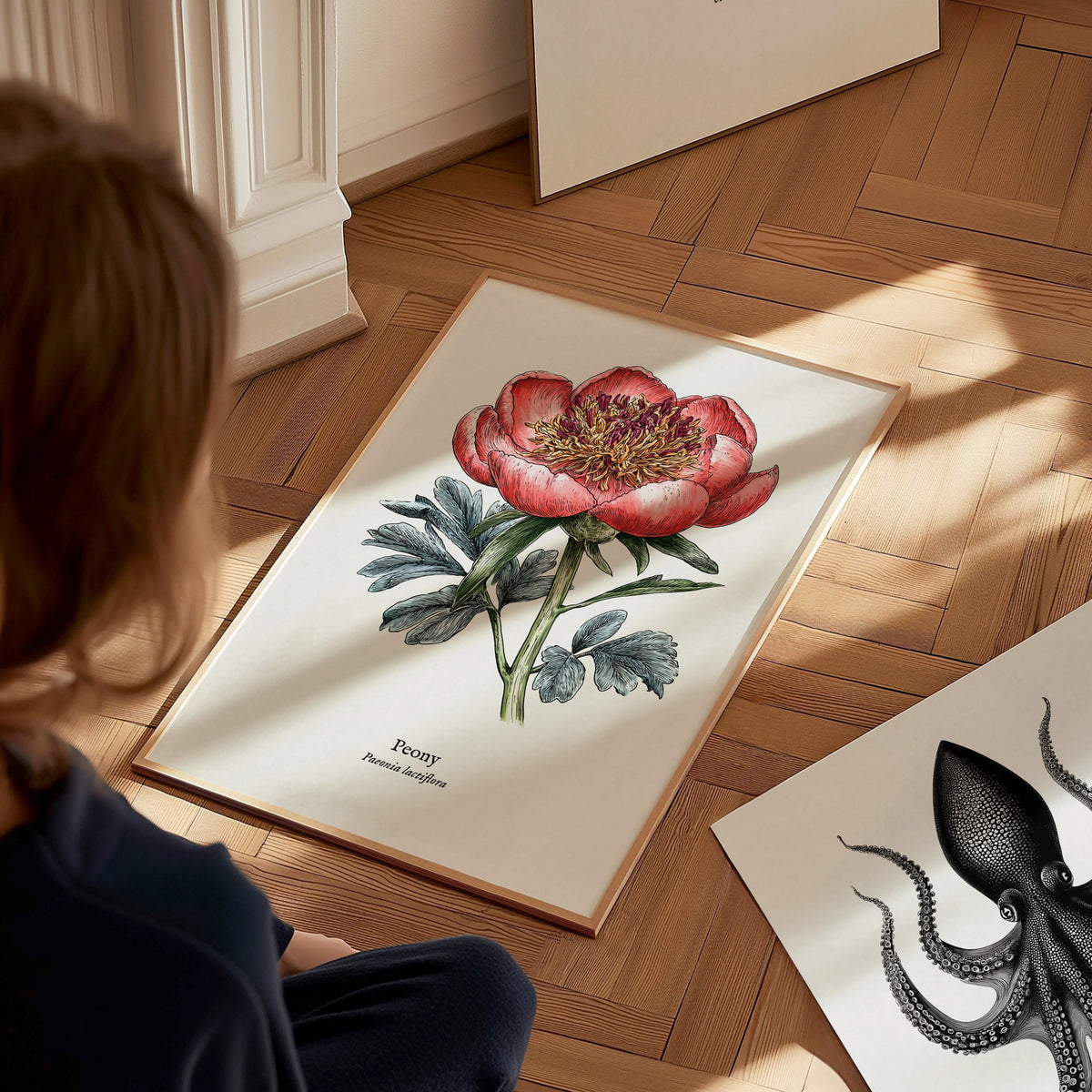 Peony Poster | Vintage Paeonia Lactiflora Botanical Illustration Wall Art — styled in a modern interior