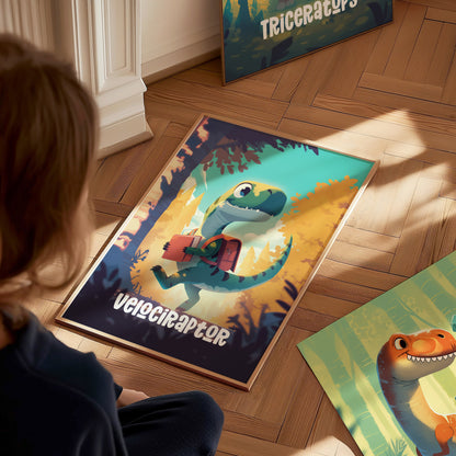 Velociraptor Poster | Kids Dinosaur Room Art | Framed or Unframed