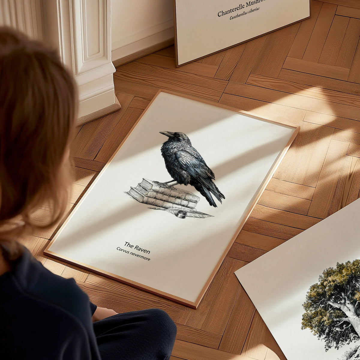 The Raven Poster | Corvus Nevermore Pen and Ink Print Zoological Illustration Wall Art — styled in a modern interior
