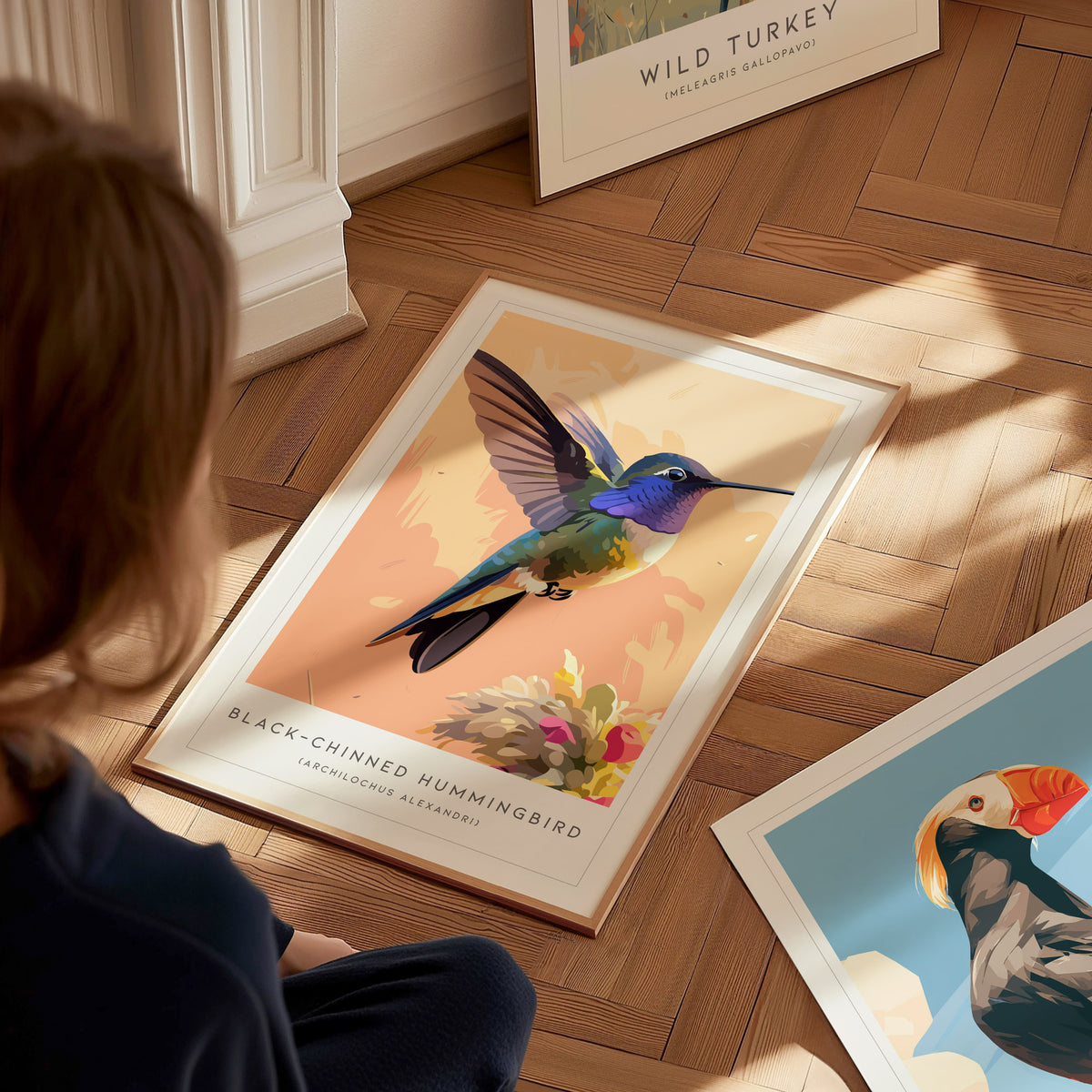 Black-chinned Hummingbird, Archilochus alexandri Poster | Jeweled Bird Wildlife Print Wall Art — styled in a modern interior