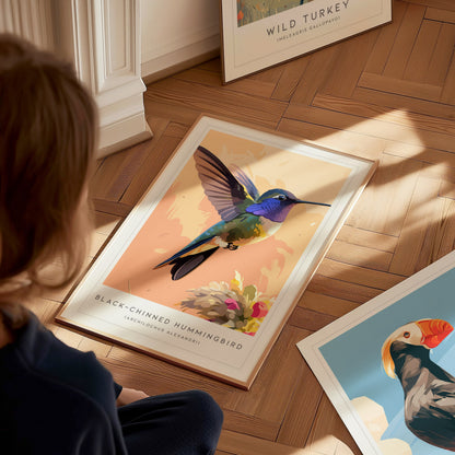 Black-chinned Hummingbird, Archilochus alexandri Poster | Jeweled Bird Wildlife Print Wall Art — styled in a modern interior